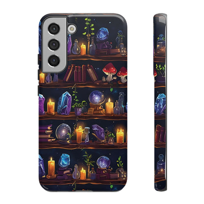 Fantasy Seamless Pattern Of Wooden Shelves Filled With Mystical Items phone case design.