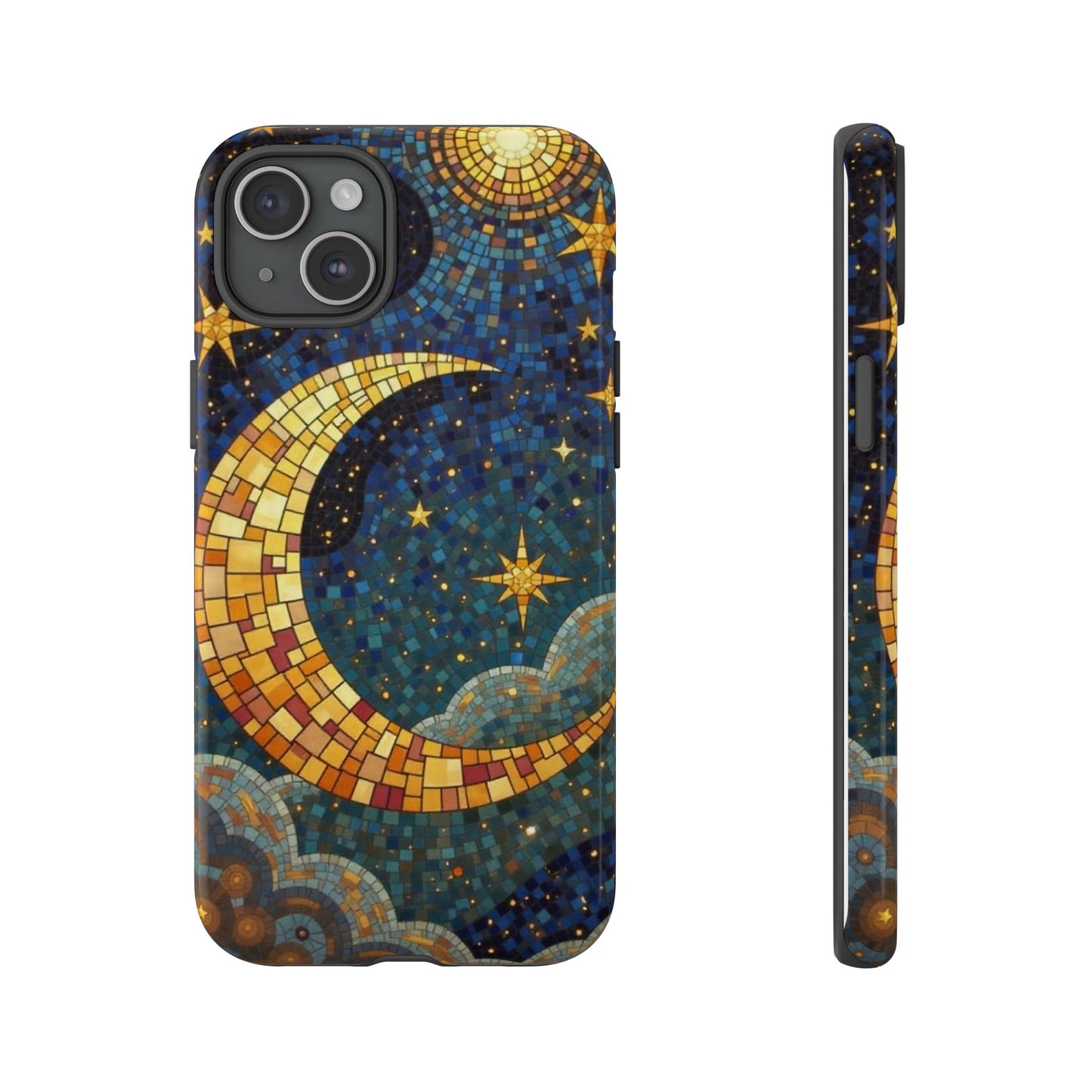 Golden Crescent: Mosaic Moon and Starry Night