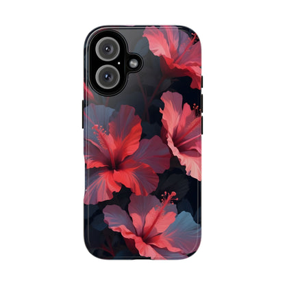Vibrant red and pink hibiscus flowers blooming against a dark background| Floral phone case design