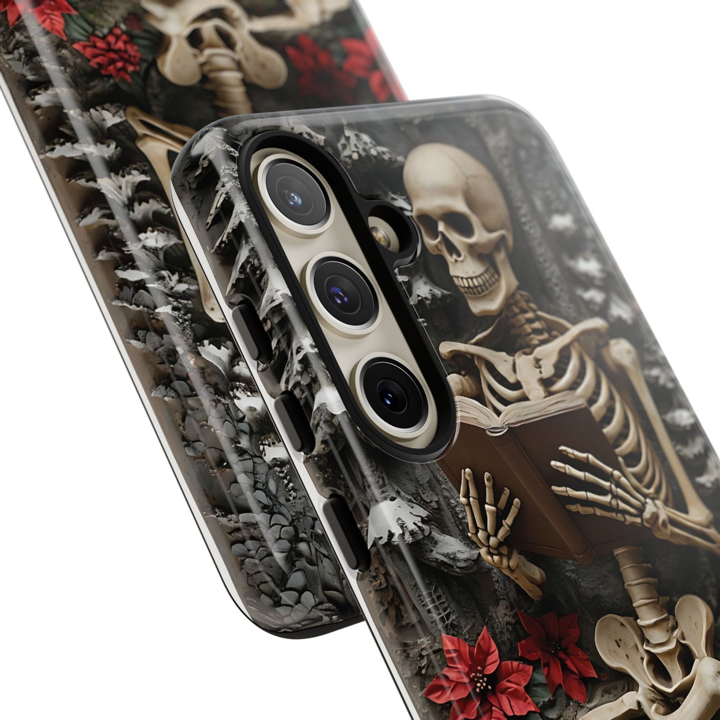 Surreal Relief Sculpture of Skeleton Reading Amidst Festive Decor phone case design