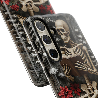 Surreal Relief Sculpture of Skeleton Reading Amidst Festive Decor phone case design