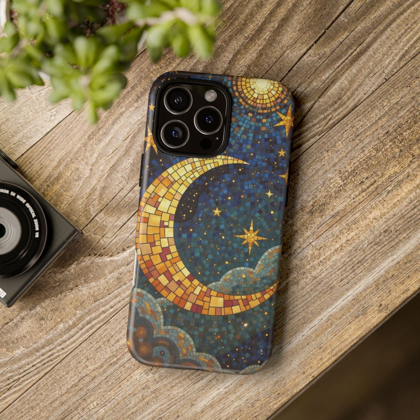 Golden Crescent: Mosaic Moon and Starry Night