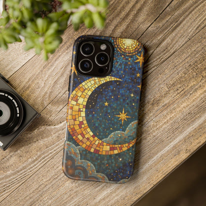 Golden Crescent: Mosaic Moon and Starry Night