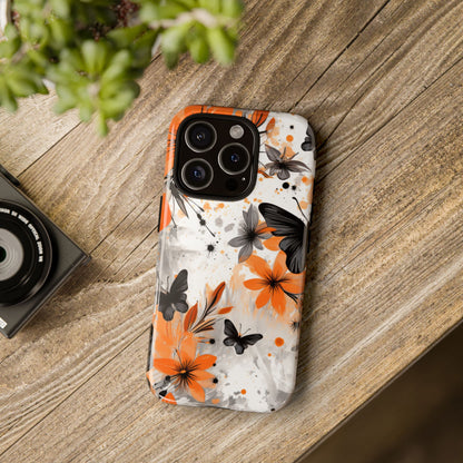 Bold Butterfly & Floral Splash Mobile Cover – Black & Orange Aesthetic