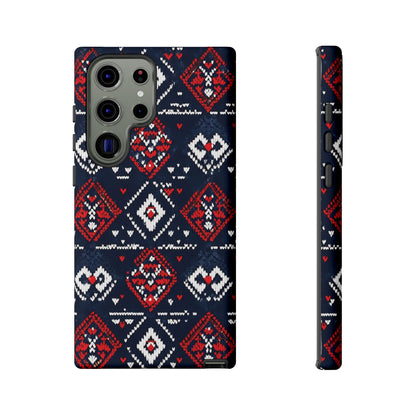 Knitted Pattern With Diamonds And Festive Motifs On Navy phone case design.