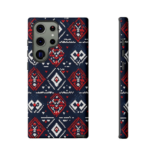 Knitted Pattern With Diamonds And Festive Motifs On Navy phone case design.