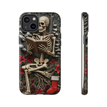 Surreal Relief Sculpture of Skeleton Reading Amidst Festive Decor phone case design