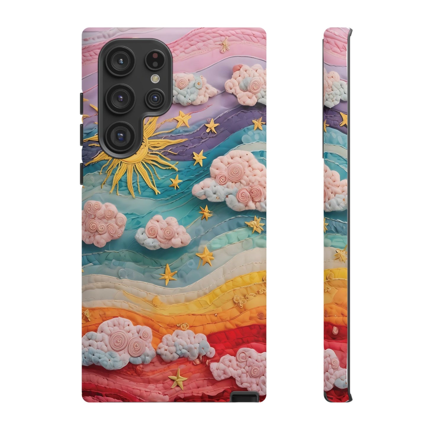Whimsical Fiber Art Sky Scene With Dynamic Stripes And Clouds phone case design.