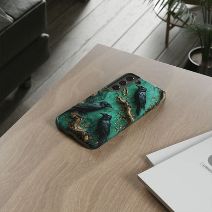 Three Black Ravens Perched On Gold-Accent Branches phone case design