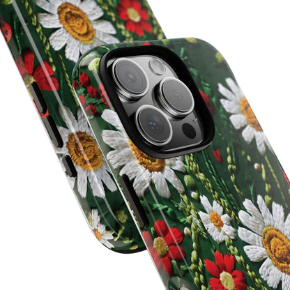 Intricate Embroidered Fabric Featuring Daisies And Ladybugs phone case design