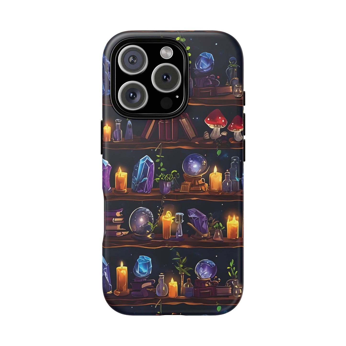 Fantasy Seamless Pattern Of Wooden Shelves Filled With Mystical Items phone case design.