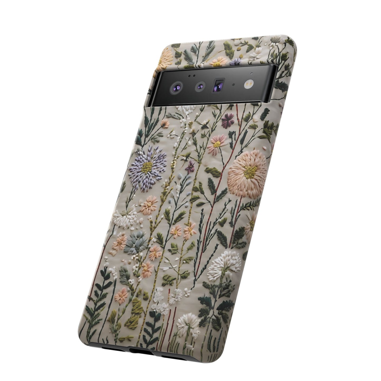 Intricate Embroidery Artwork Featuring Botanical Elements On Beige phone case design.