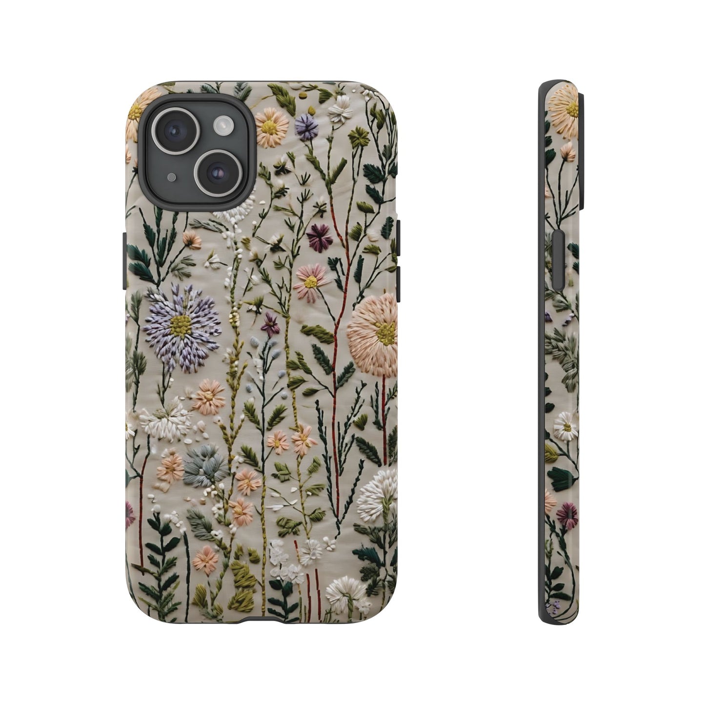 Intricate Embroidery Artwork Featuring Botanical Elements On Beige phone case design.