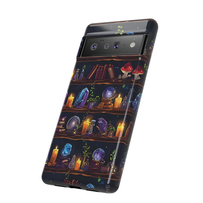Fantasy Seamless Pattern Of Wooden Shelves Filled With Mystical Items phone case design.