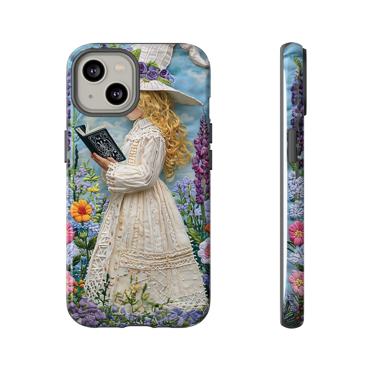 Whimsical Embroidery Of A Girl Reading In A Garden phone case design.