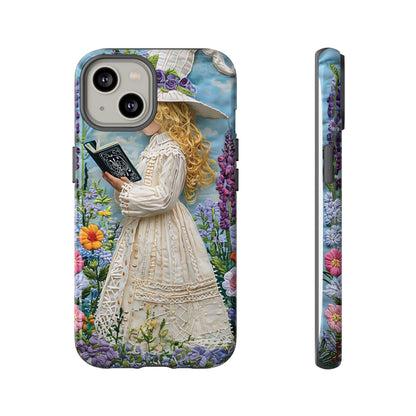Whimsical Embroidery Of A Girl Reading In A Garden phone case design.