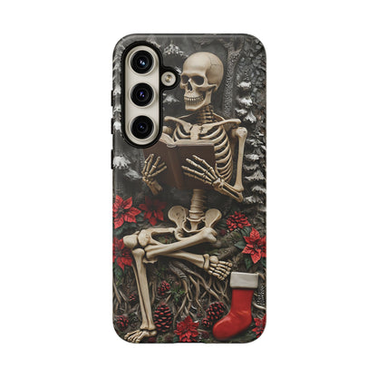 Surreal Relief Sculpture of Skeleton Reading Amidst Festive Decor phone case design