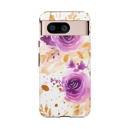 Purple Bloom Watercolor Mobile Case – Artistic Elegance in Gold & Lilac