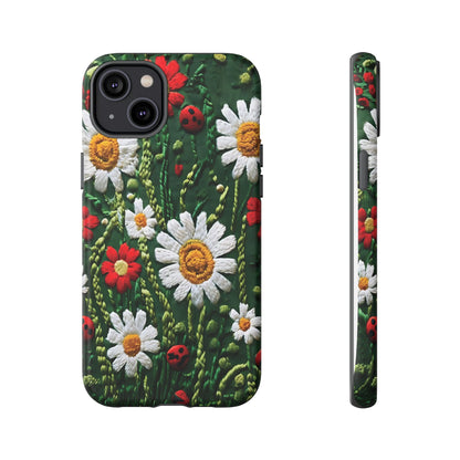 Intricate Embroidered Fabric Featuring Daisies And Ladybugs phone case design