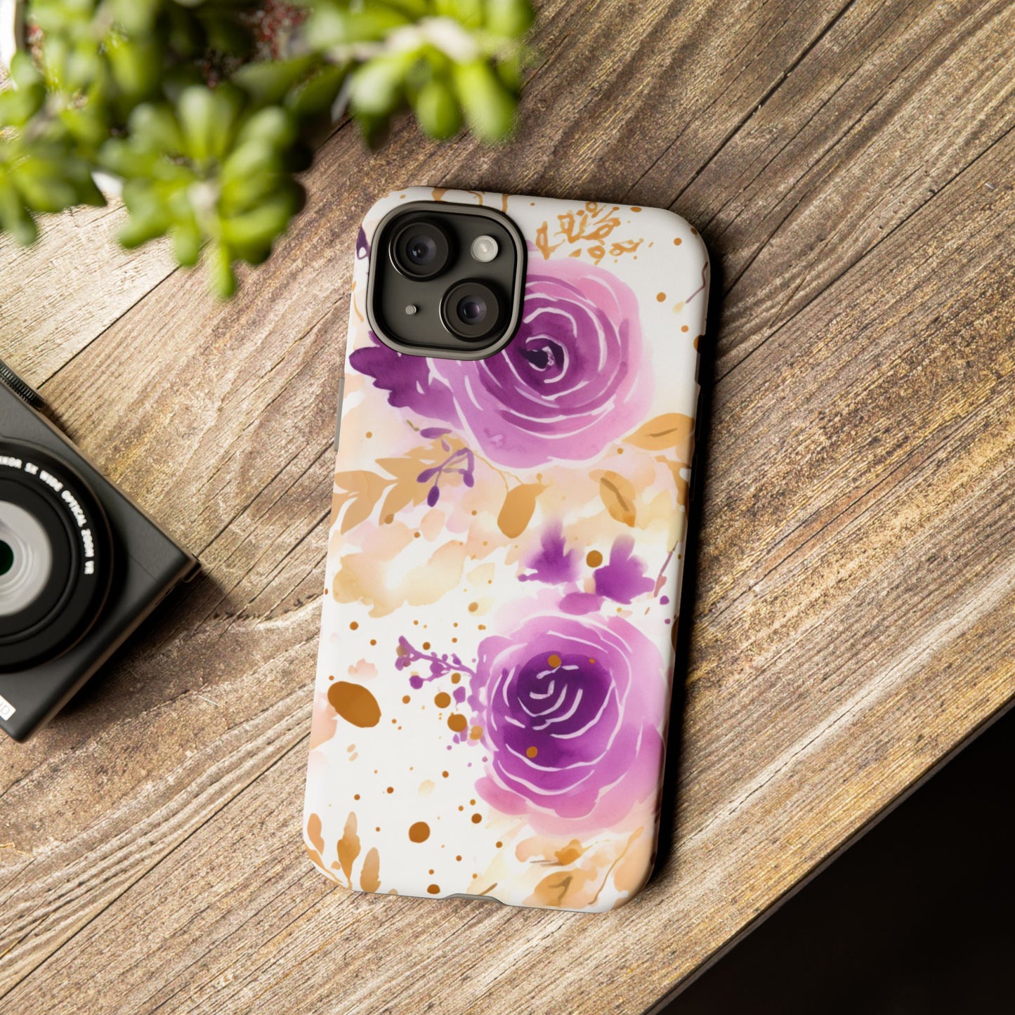 Purple Bloom Watercolor Mobile Case – Artistic Elegance in Gold & Lilac
