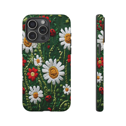 Intricate Embroidered Fabric Featuring Daisies And Ladybugs phone case design