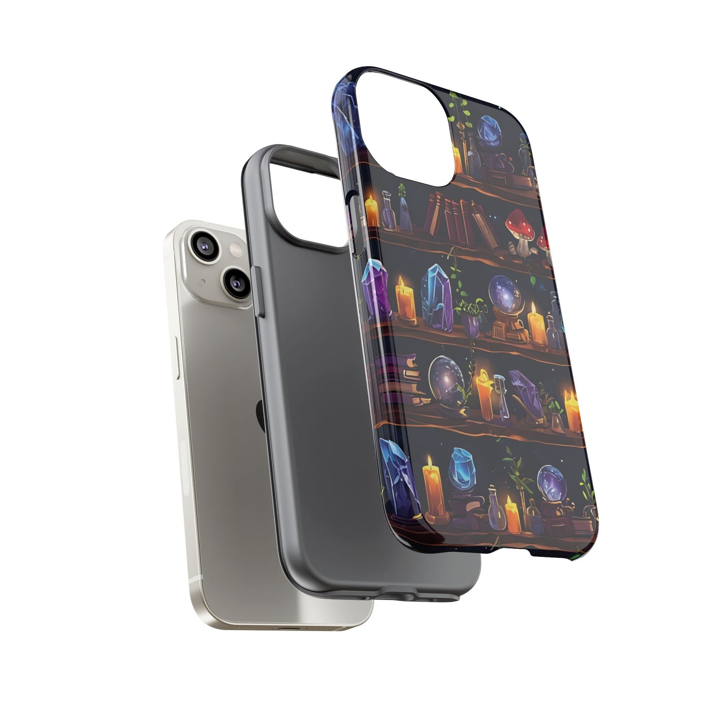Fantasy Seamless Pattern Of Wooden Shelves Filled With Mystical Items phone case design.