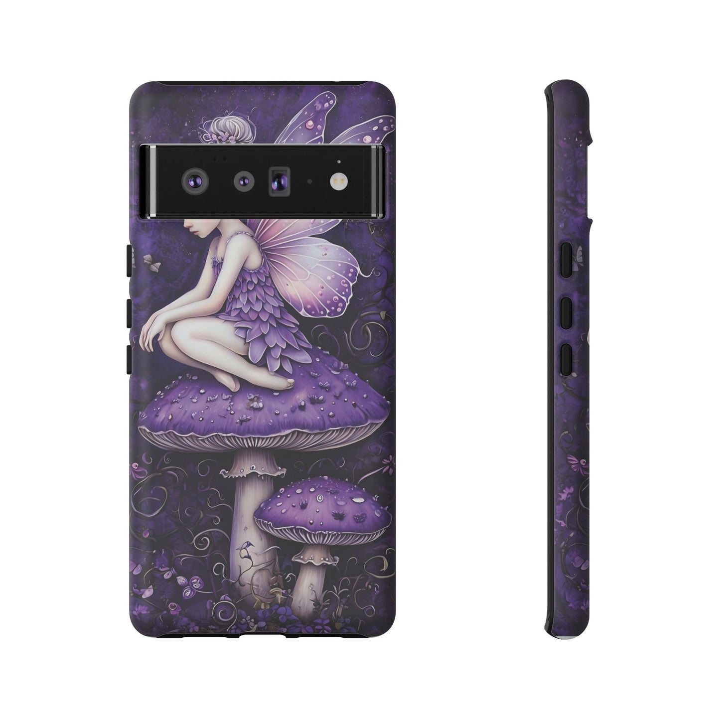 Whimsical Fairy Seated On Purple Mushroom In Enchanting Scene phone case design.