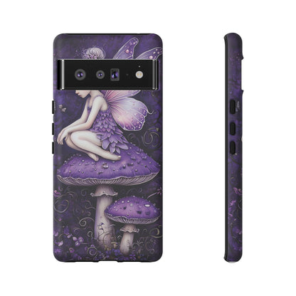 Whimsical Fairy Seated On Purple Mushroom In Enchanting Scene phone case design.