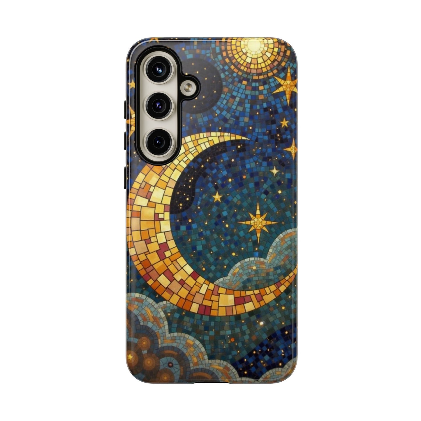 Golden Crescent: Mosaic Moon and Starry Night