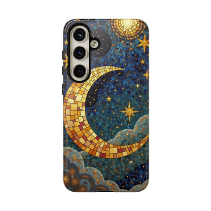 Golden Crescent: Mosaic Moon and Starry Night
