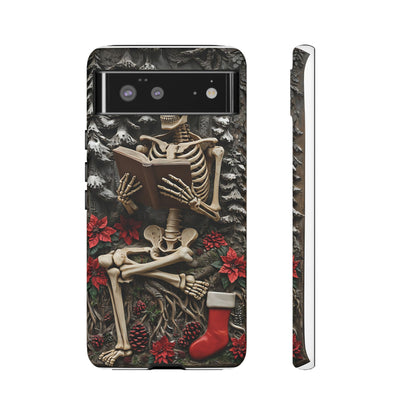 Surreal Relief Sculpture of Skeleton Reading Amidst Festive Decor phone case design