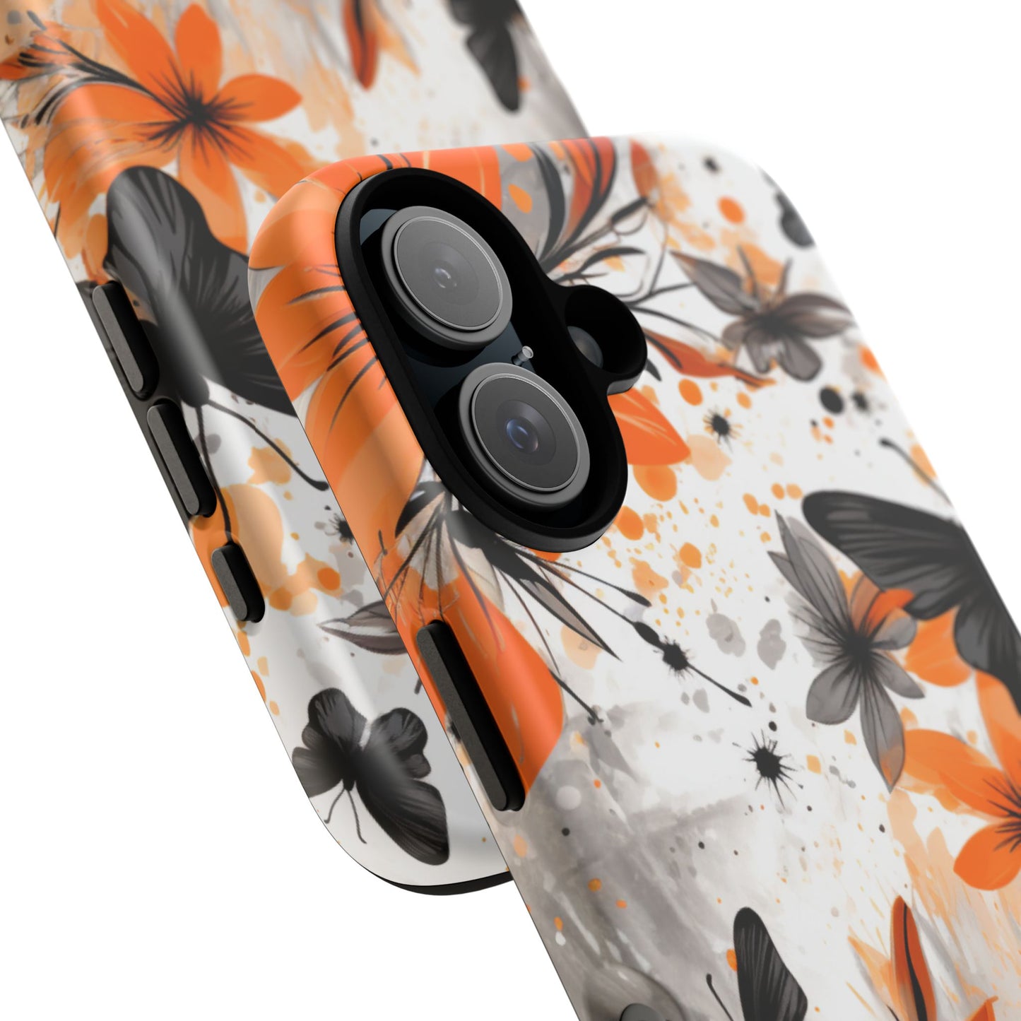 Bold Butterfly & Floral Splash Mobile Cover – Black & Orange Aesthetic