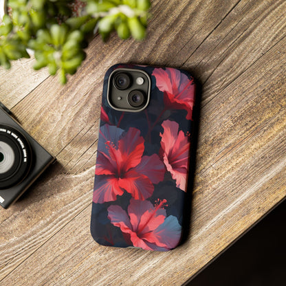 Vibrant red and pink hibiscus flowers blooming against a dark background| Floral phone case design