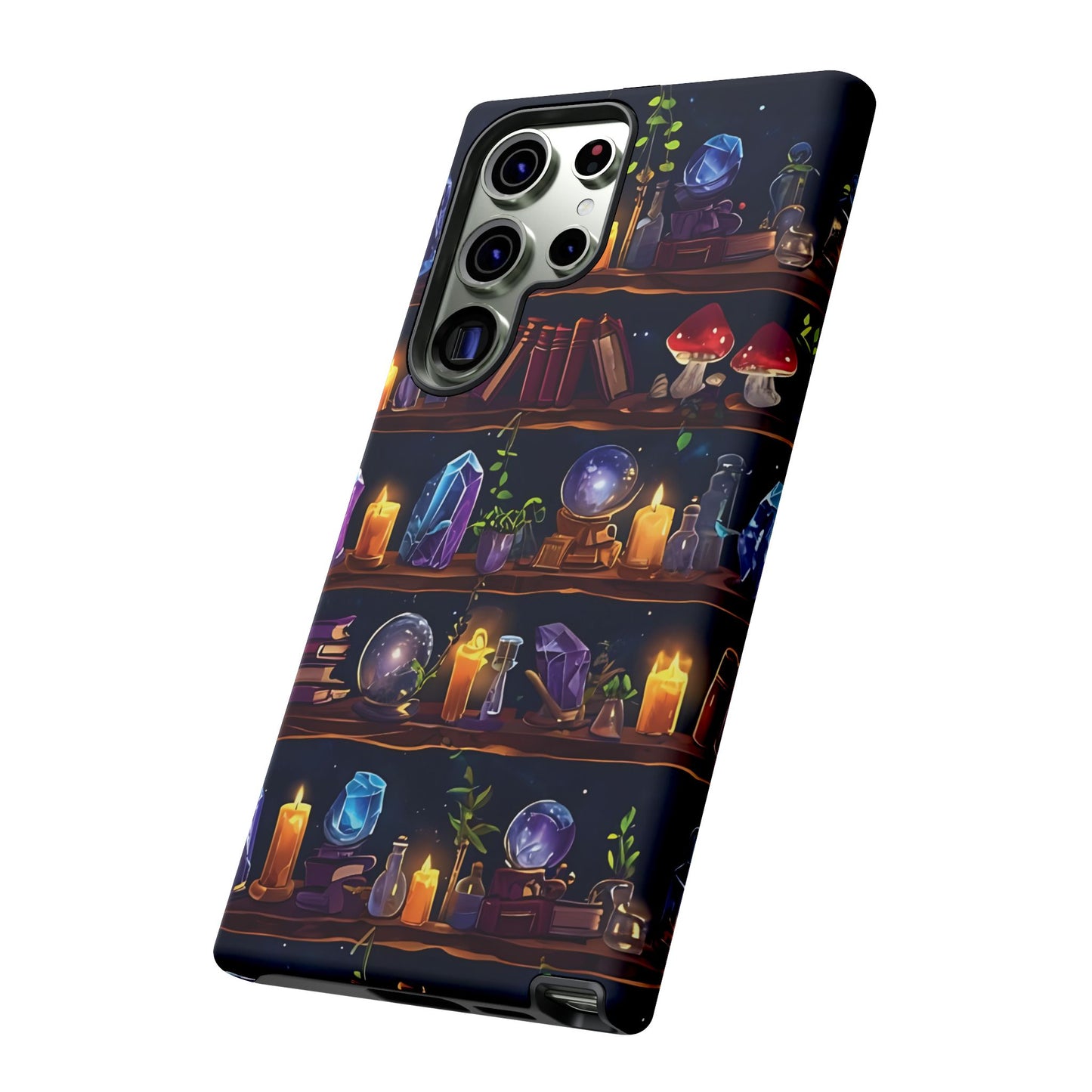 Fantasy Seamless Pattern Of Wooden Shelves Filled With Mystical Items phone case design.