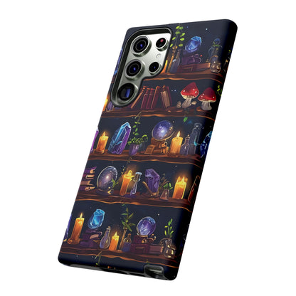 Fantasy Seamless Pattern Of Wooden Shelves Filled With Mystical Items phone case design.