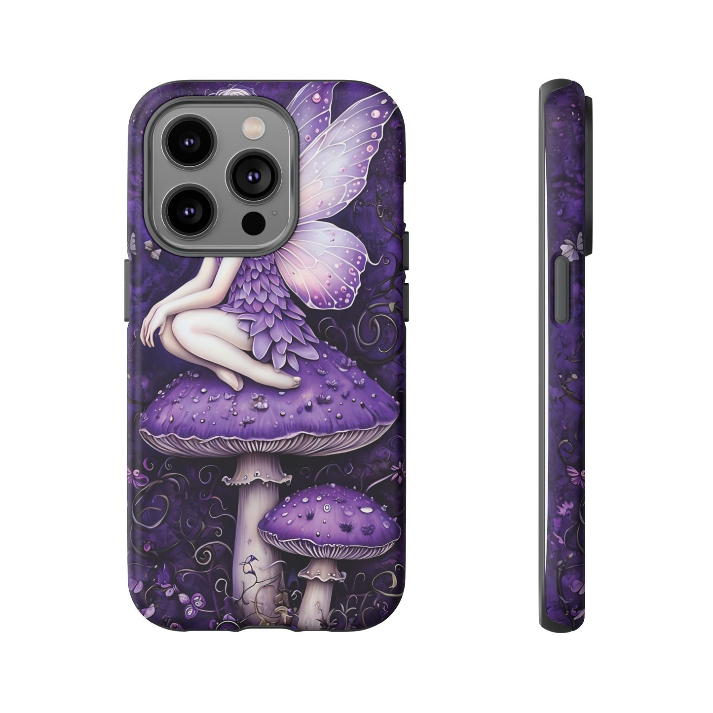 Whimsical Fairy Seated On Purple Mushroom In Enchanting Scene phone case design.