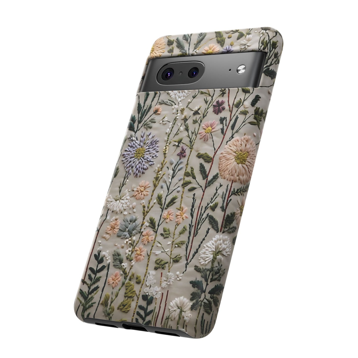 Intricate Embroidery Artwork Featuring Botanical Elements On Beige phone case design.