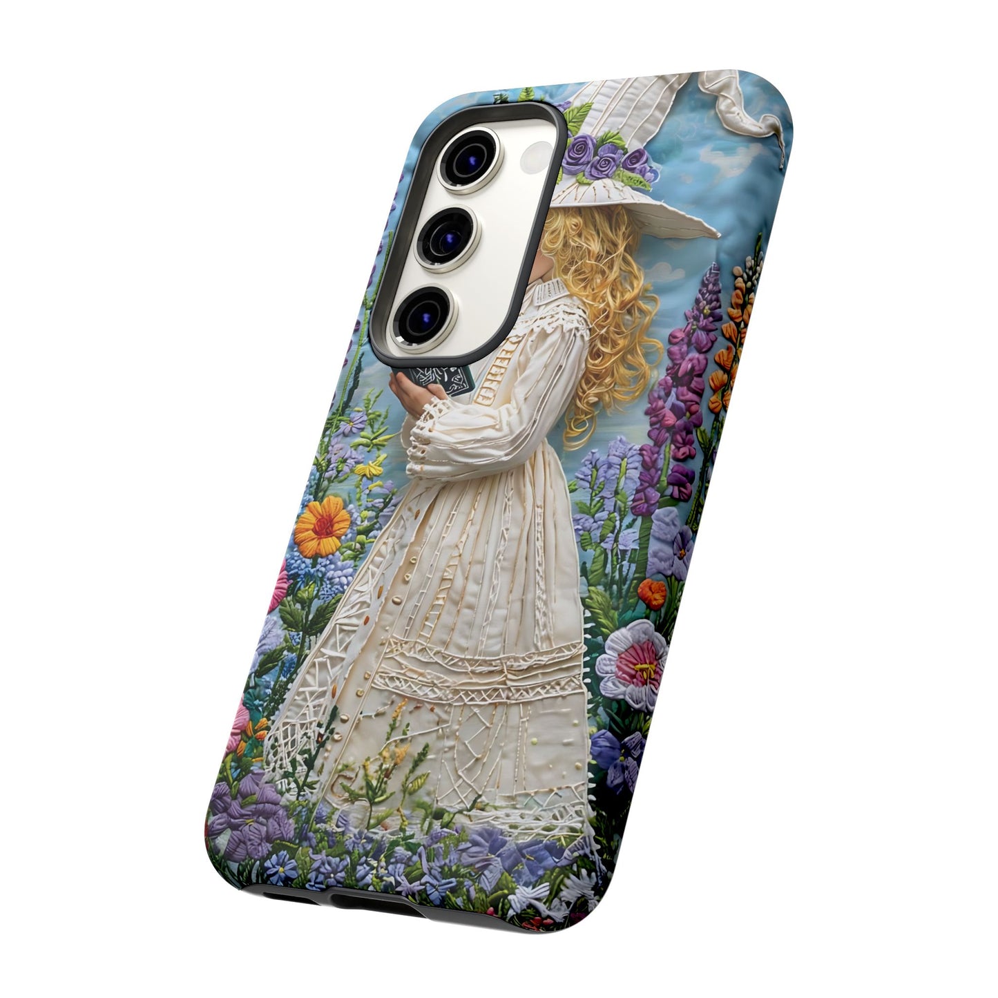 Whimsical Embroidery Of A Girl Reading In A Garden phone case design.