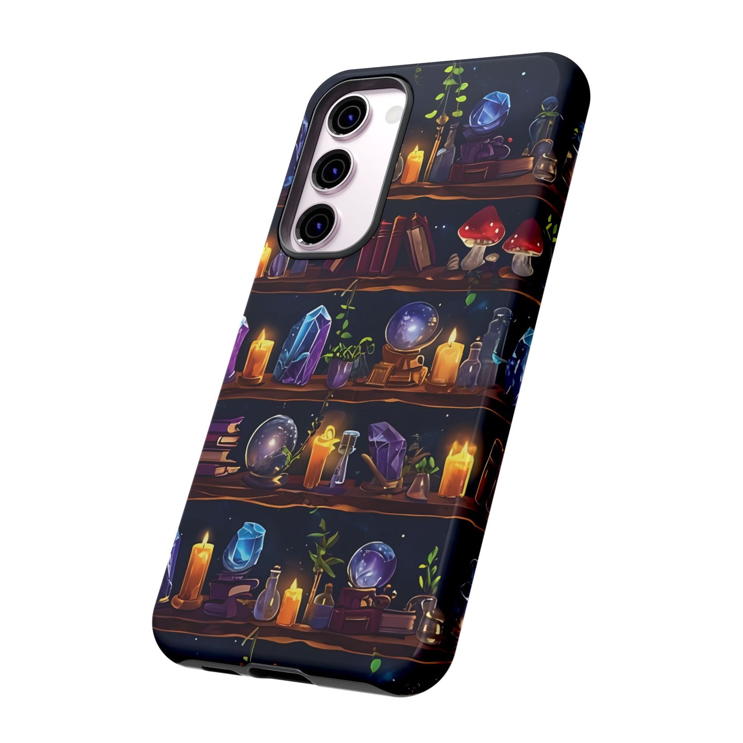Fantasy Seamless Pattern Of Wooden Shelves Filled With Mystical Items phone case design.