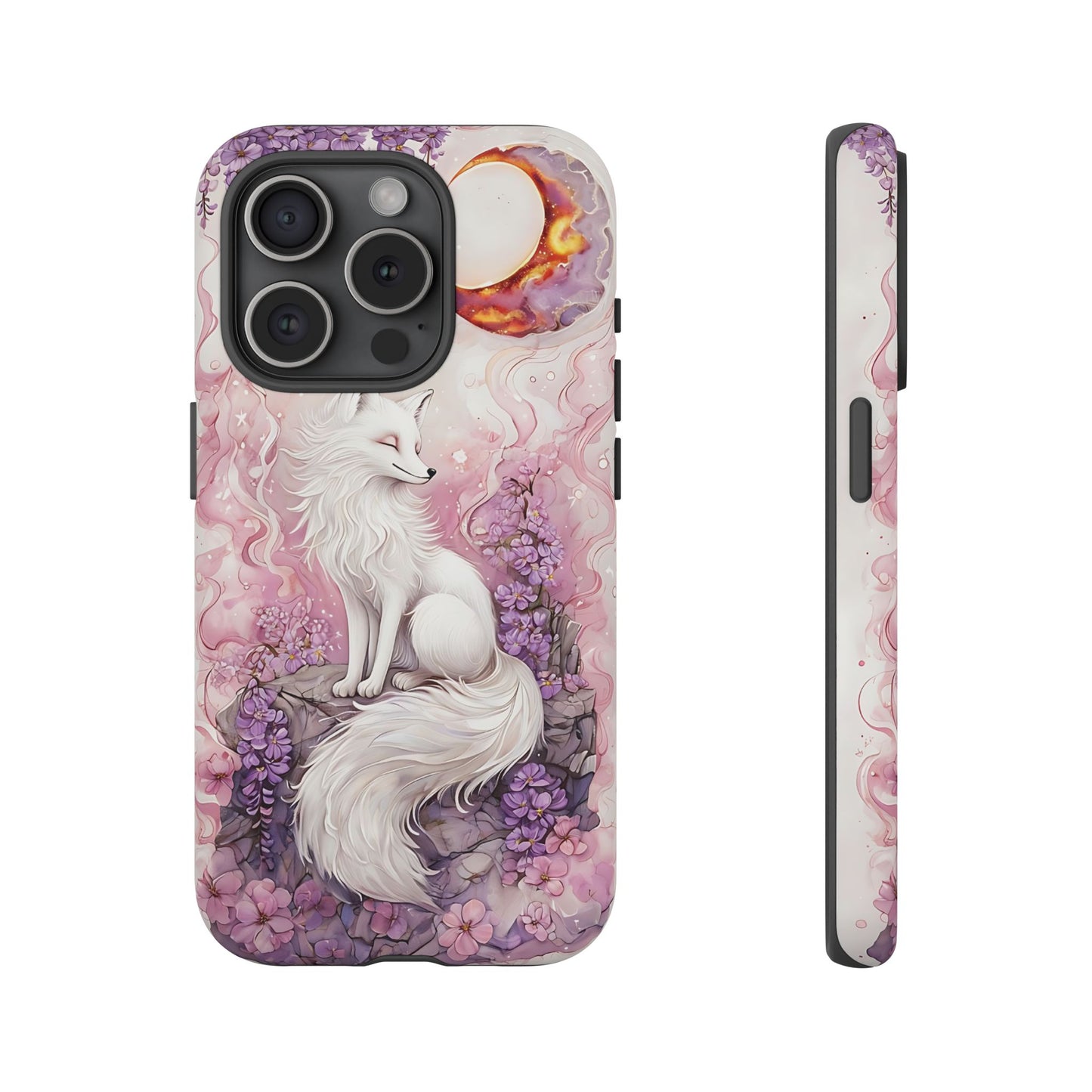 Whimsical White Fox Surrounded By Lavender And Pink Blooms phone case design.