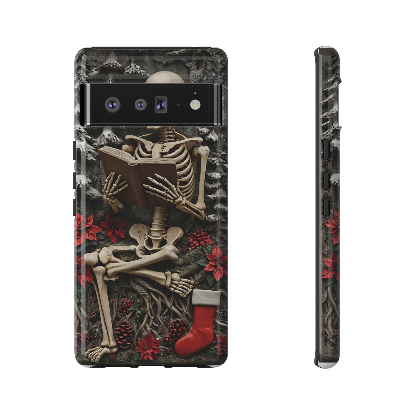 Surreal Relief Sculpture of Skeleton Reading Amidst Festive Decor phone case design