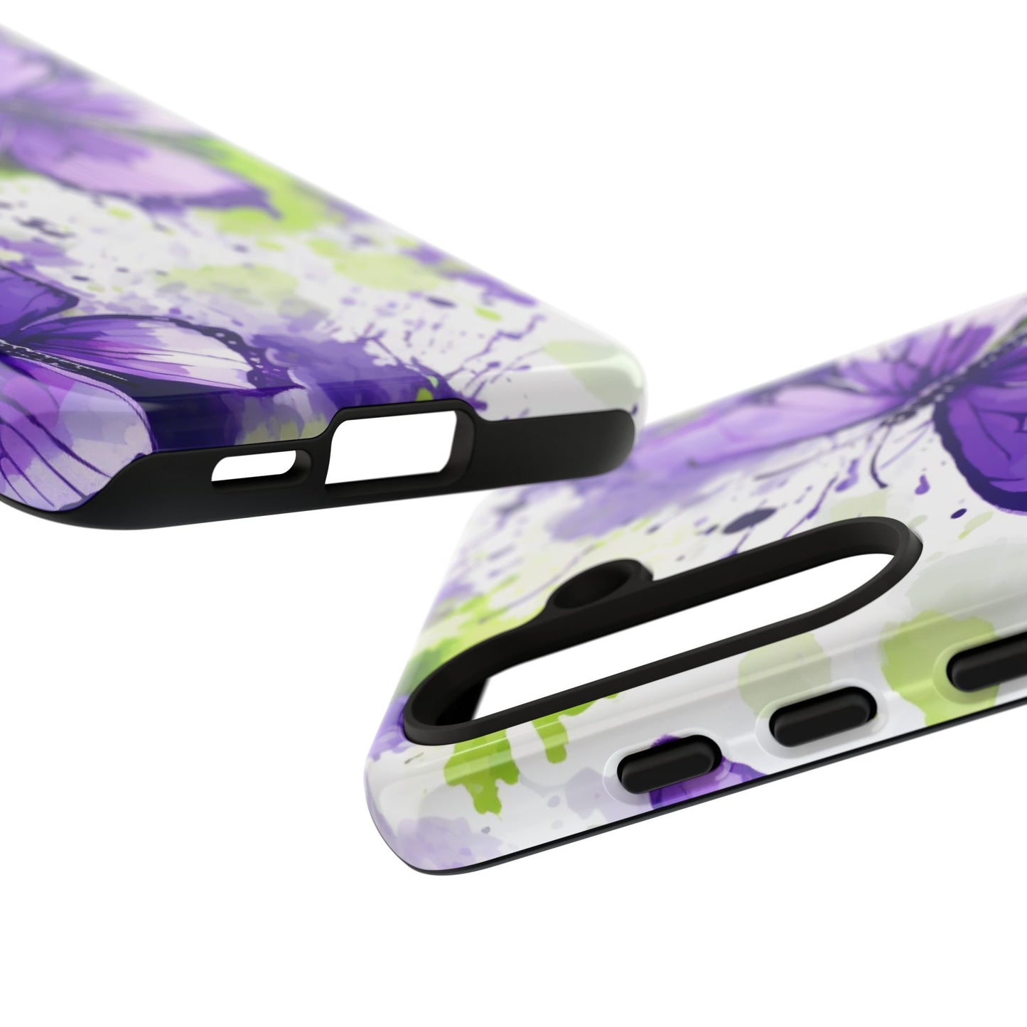 Vibrant Purple Butterfly Splash Mobile Cover – Artistic Green & Violet Aesthetic