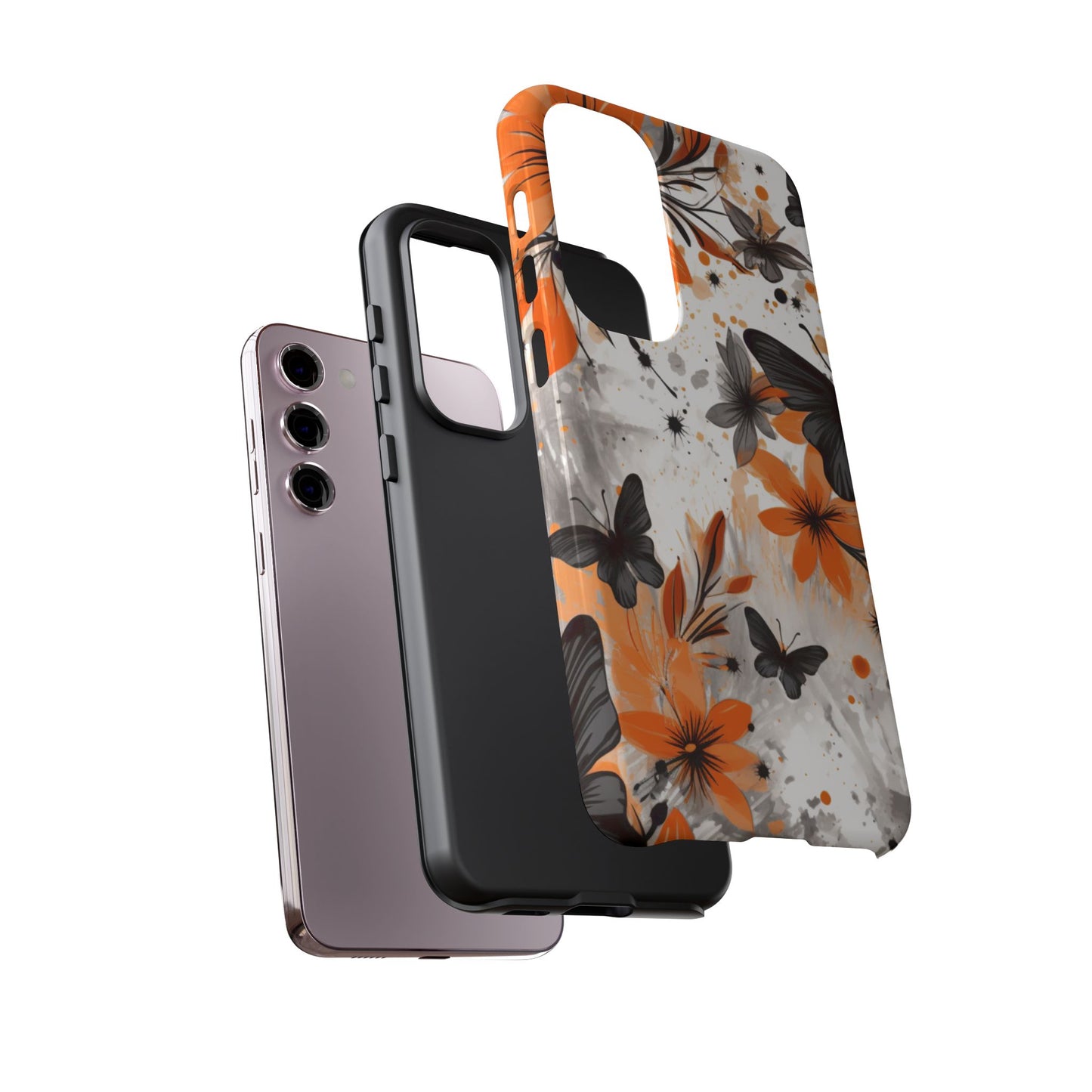 Bold Butterfly & Floral Splash Mobile Cover – Black & Orange Aesthetic