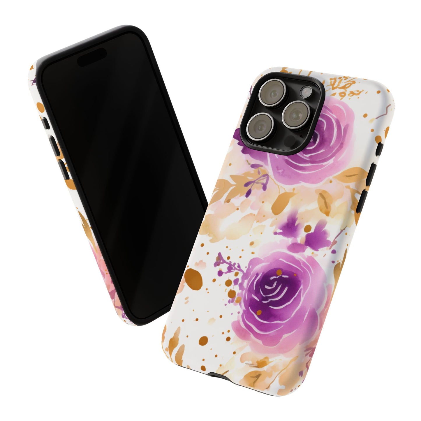 Purple Bloom Watercolor Mobile Case – Artistic Elegance in Gold & Lilac