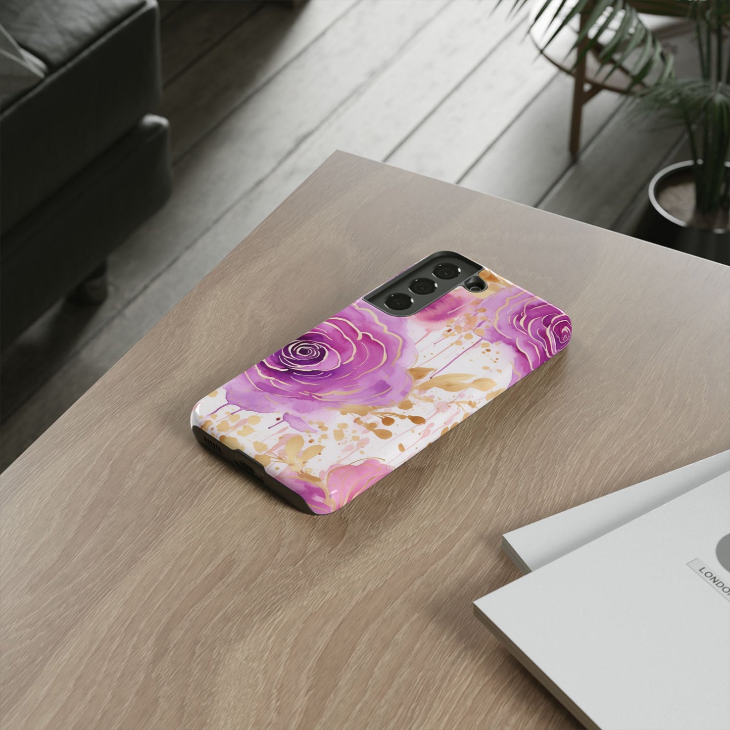 Elegant Purple-Gold Watercolor Rose Mobile Case