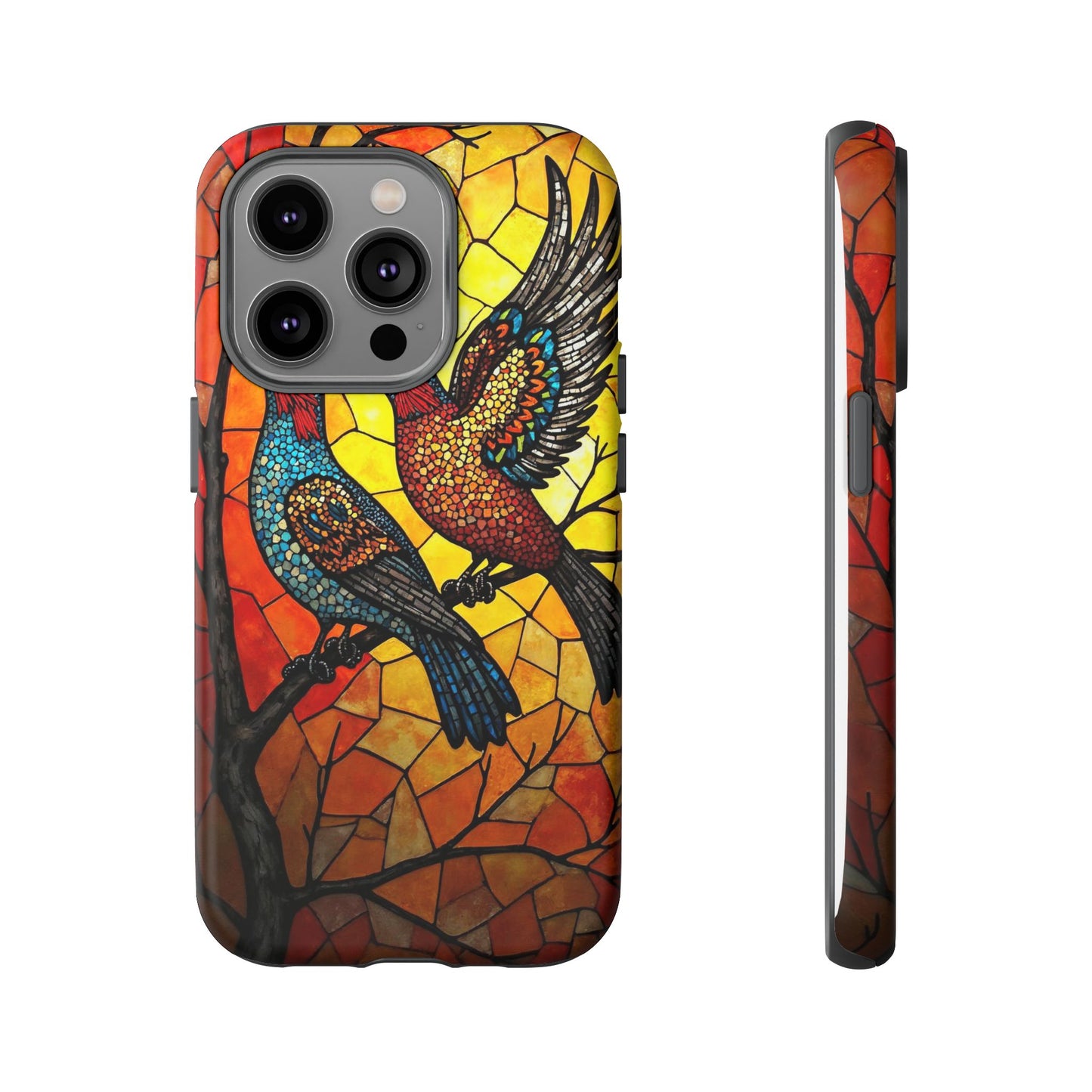 Vibrant Hummingbirds with Stained Glass Charm