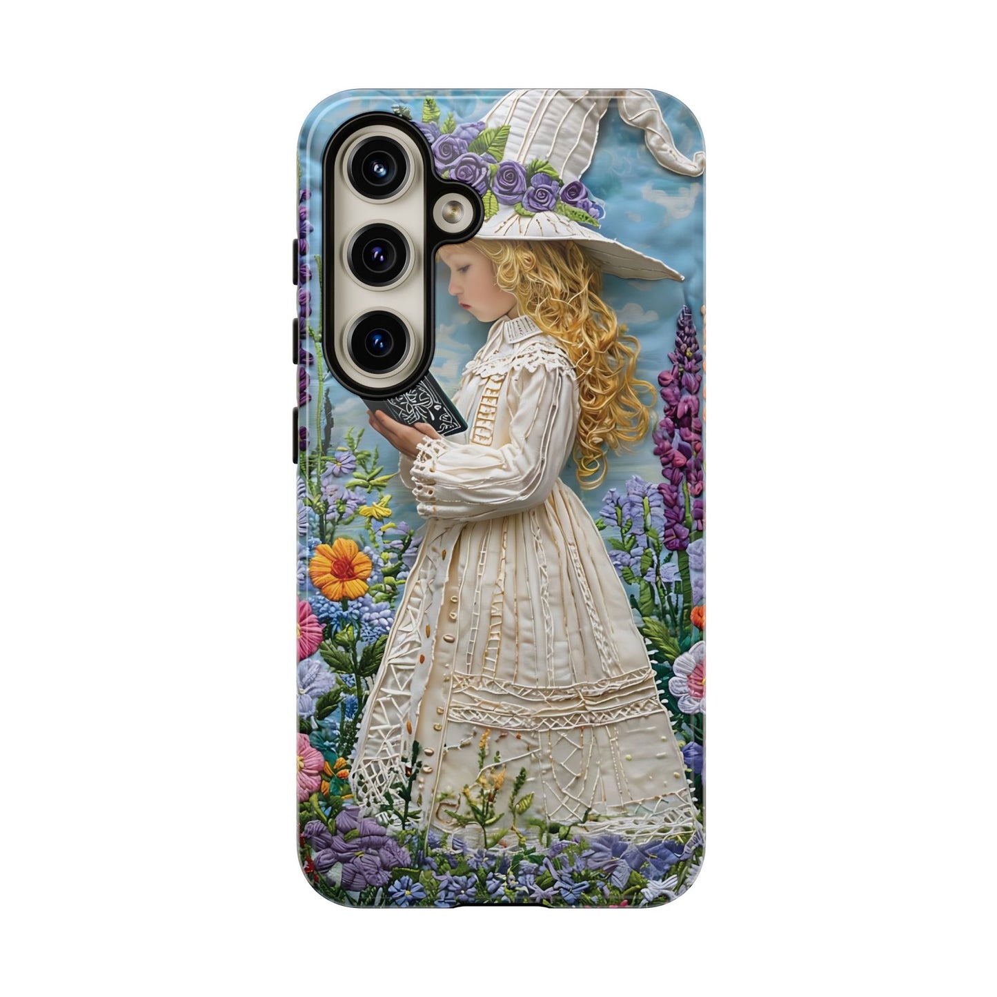 Whimsical Embroidery Of A Girl Reading In A Garden phone case design.