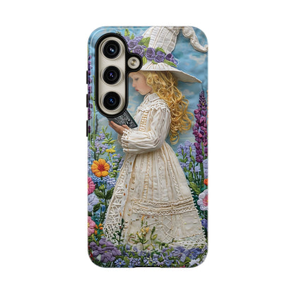 Whimsical Embroidery Of A Girl Reading In A Garden phone case design.