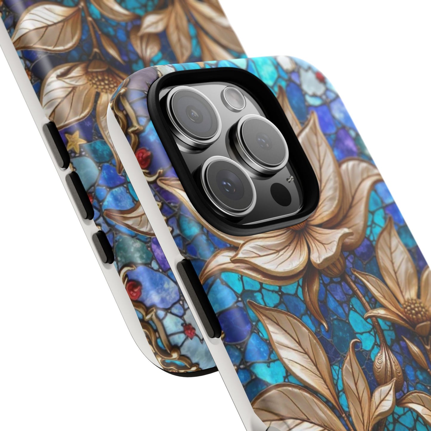 Golden Blossoms on Mosaic Blue Elegance
