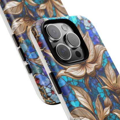 Golden Blossoms on Mosaic Blue Elegance